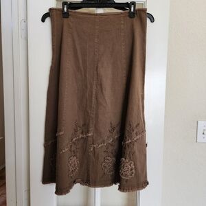 STREAM Medium Brown Beaded Embroidered Midi Skirt Raw Hem Boho Floral Appliqué
